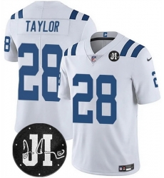 Men Indianapolis Colts 28 Jonathan Taylor White Jim Irsay Patch Vapor Limited Stitched Football Jersey