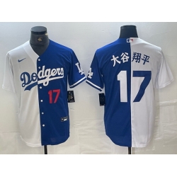 Men Los Angeles Dodgers 17 Shohei Ohtani White Blue Split Cool Base Stitched Baseball Jersey Men Los Angeles Dodgers 17 Shohei Ohtani White Blue Split Cool Base Stitched Baseball Jersey