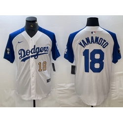 Men Los Angeles Dodgers 18 Yoshinobu Yamamoto White Blue Vin Patch Cool Base Stitched Baseball Jersey C Men Los Angeles Dodgers 18 Yoshinobu Yamamoto White Blue Vin Patch Cool Base Stitched Baseball Jersey C