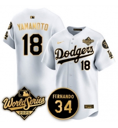 Men Los Angeles Dodgers 18 Yoshinobu Yamamoto White Gold 2025 World Series With No 34 Patch Limited Stitched Baseball Jersey Men Los Angeles Dodgers 18 Yoshinobu Yamamoto White Gold 2025 World Series With No 34 Patch Limited Stitched Baseball Jersey