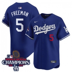 Men Los Angeles Dodgers 5 Freddie Freeman Royal 2024 World Series Champions Patch Limited Stitched Baseball Jersey