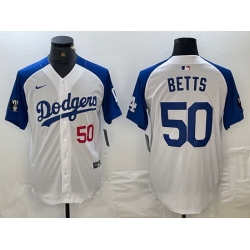 Men Los Angeles Dodgers 50 Mookie Betts White Blue Vin Patch Cool Base Stitched Baseball Jersey III Men Los Angeles Dodgers 50 Mookie Betts White Blue Vin Patch Cool Base Stitched Baseball Jersey III