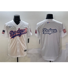 Men Los Angeles Dodgers Team Big Logo White With American Flag Patch Limited Stitched Baseball Jersey 2 761