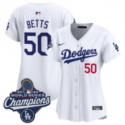 Women Los Angeles Dodgers 50 Mookie Betts White 2025 World Series Champions Home Cool Base Stitched Baseball Jersey 
