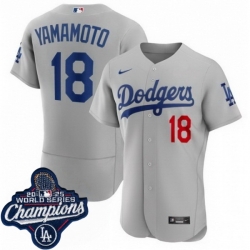 Men Los Angeles Dodgers 18 Yoshinobu Yamamoto Cool Base 2025 World Champions Stitched Baseball Jersey Gray